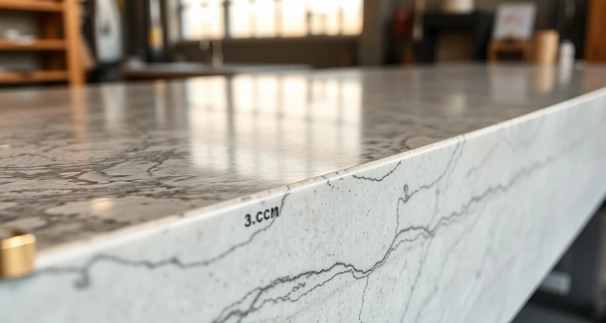 3cm stone countertop slab thickness measurement shown on premium granite with depth gauge, standard kitchen countertop dimension