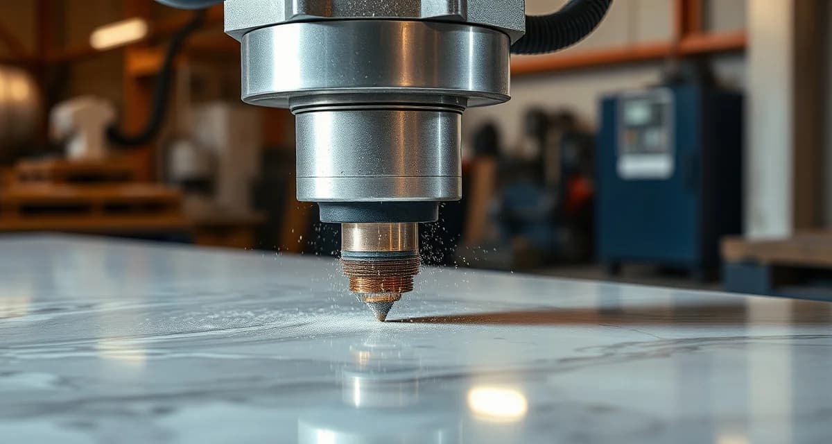 Abrasive waterjet cutting machine precisely cutting through a stone countertop slab in a fabrication shop.