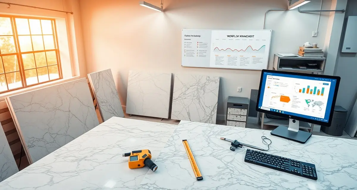 ActionFlow countertop fabrication management platform dashboard showing workflow automation tools for stone shop operations