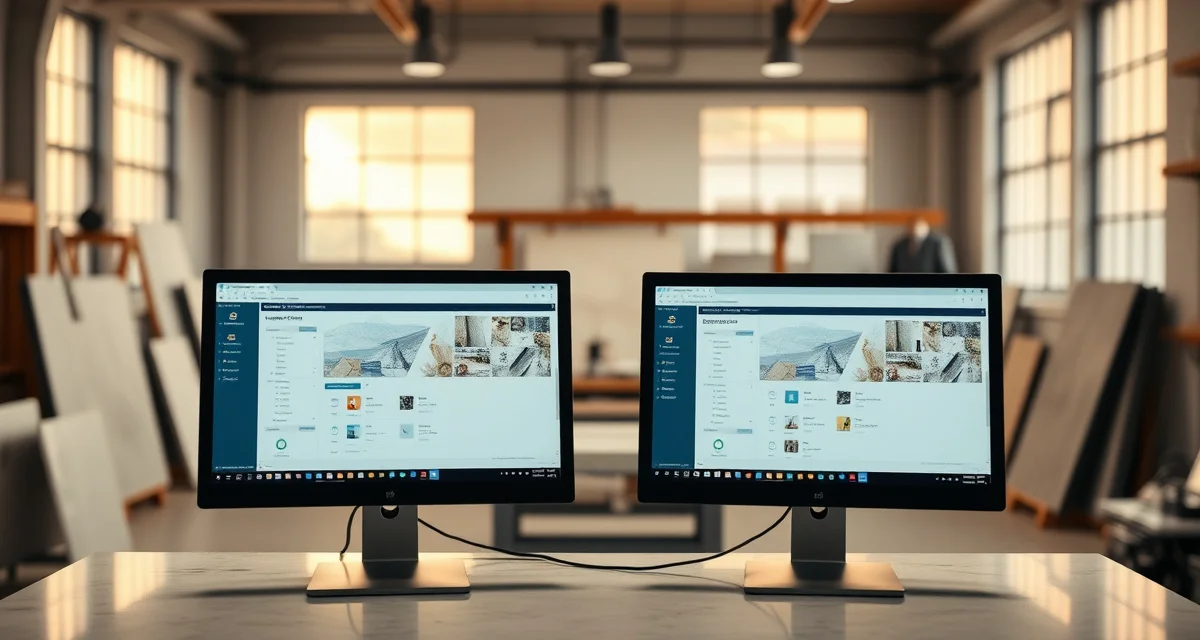 Side-by-side comparison of ActionFlow and EasyStoneShop software interfaces for countertop fabrication shop management