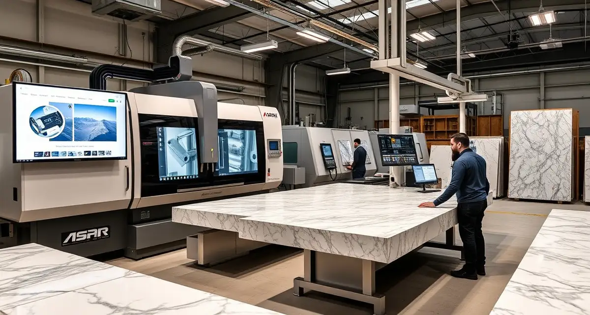 Advanced CNC fabrication equipment and AI-powered nesting software for stone countertop manufacturing in modern shop setting