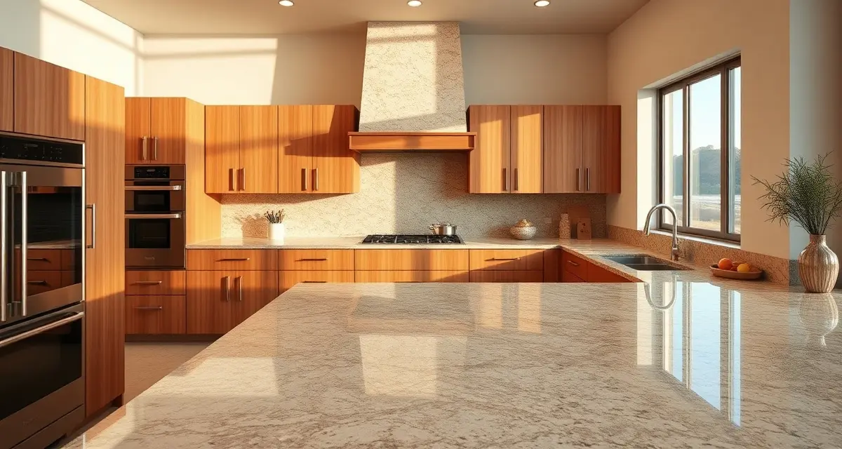 Modern kitchen with premium stone countertops showing granite and quartz options with 2026 pricing in Albuquerque