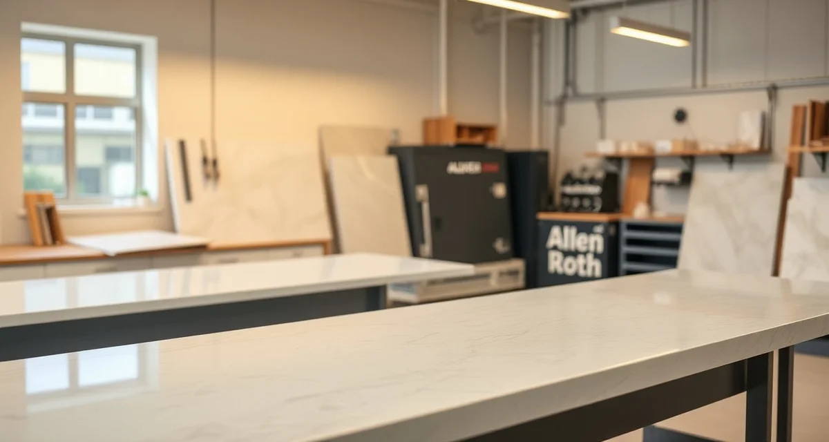 Allen + Roth quartz countertop samples displayed in professional stone fabrication shop showing quality surface finish and color options