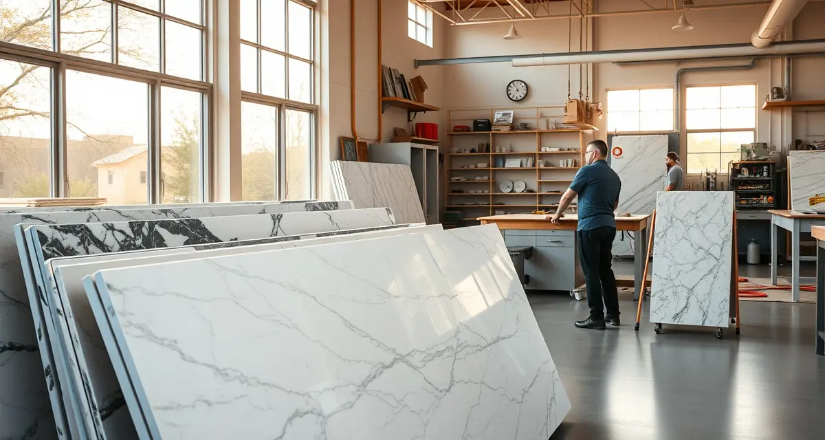 Modern countertop fabrication shop in Arizona with organized quartz and granite slabs and precision equipment for stone processing