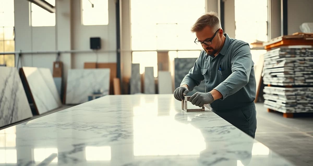 Professional countertop fabricator inspecting a high-quality granite slab in an Atlanta stone fabrication workshop