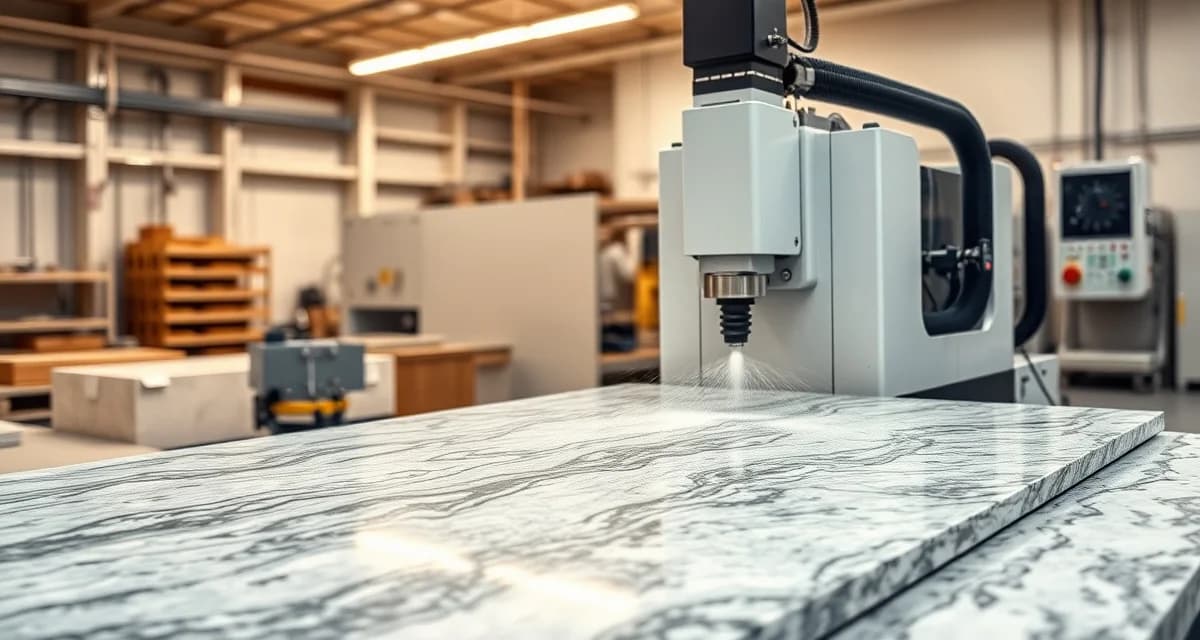 CNC bridge saw cutting granite countertop slab with precision in a professional stone fabrication shop