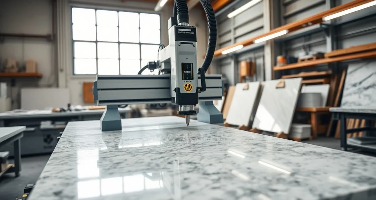 Professional CNC router machine performing precision edge profiling on a granite countertop slab in a stone fabrication workshop.