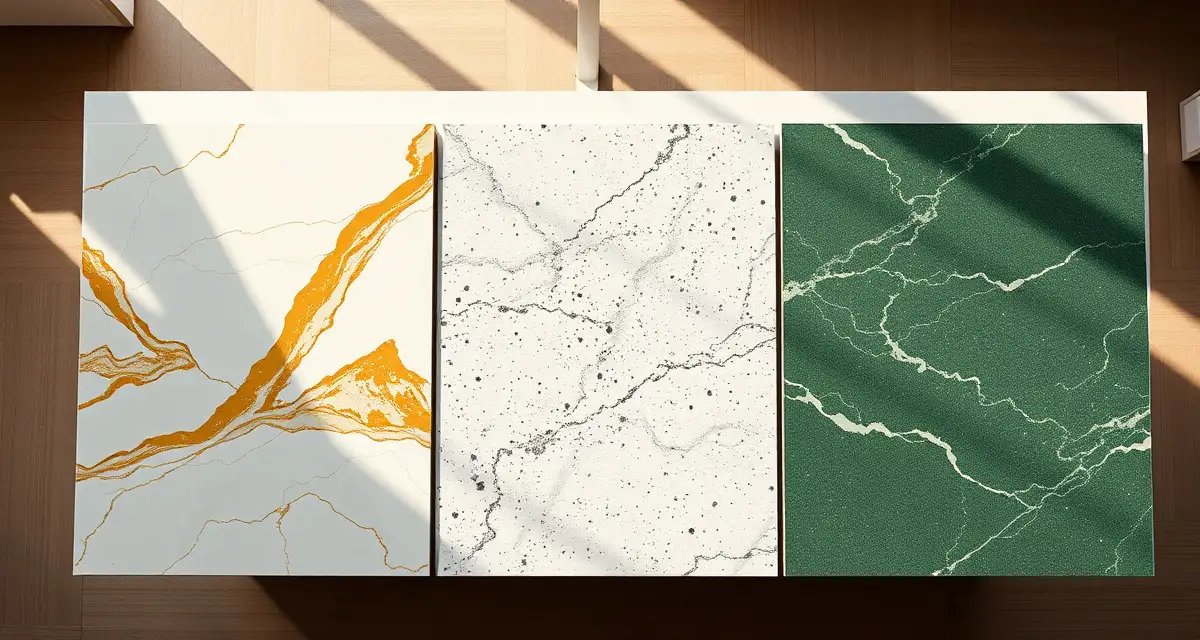 Collection of premium countertop color samples for 2026 including warm whites, greige, and forest green stone slabs for kitchen design.