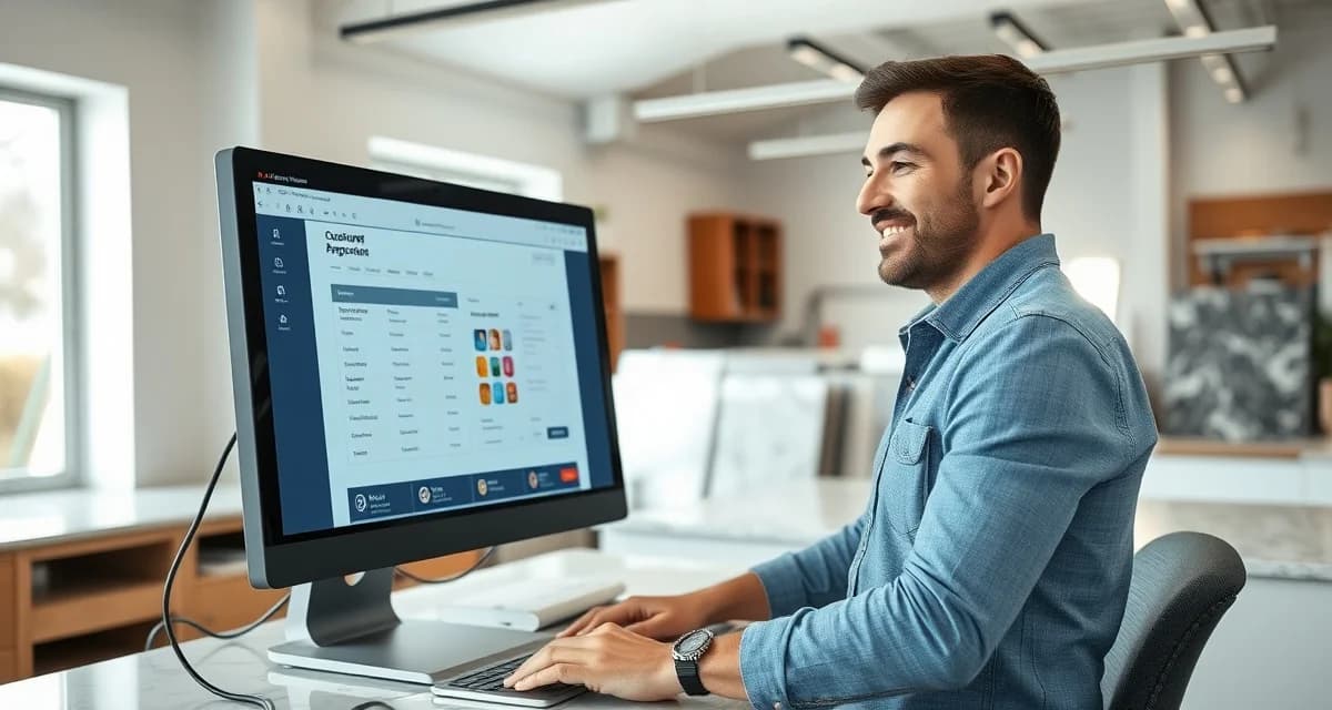 Stone fabrication shop owner using customer portal software to manage countertop projects and client communications efficiently