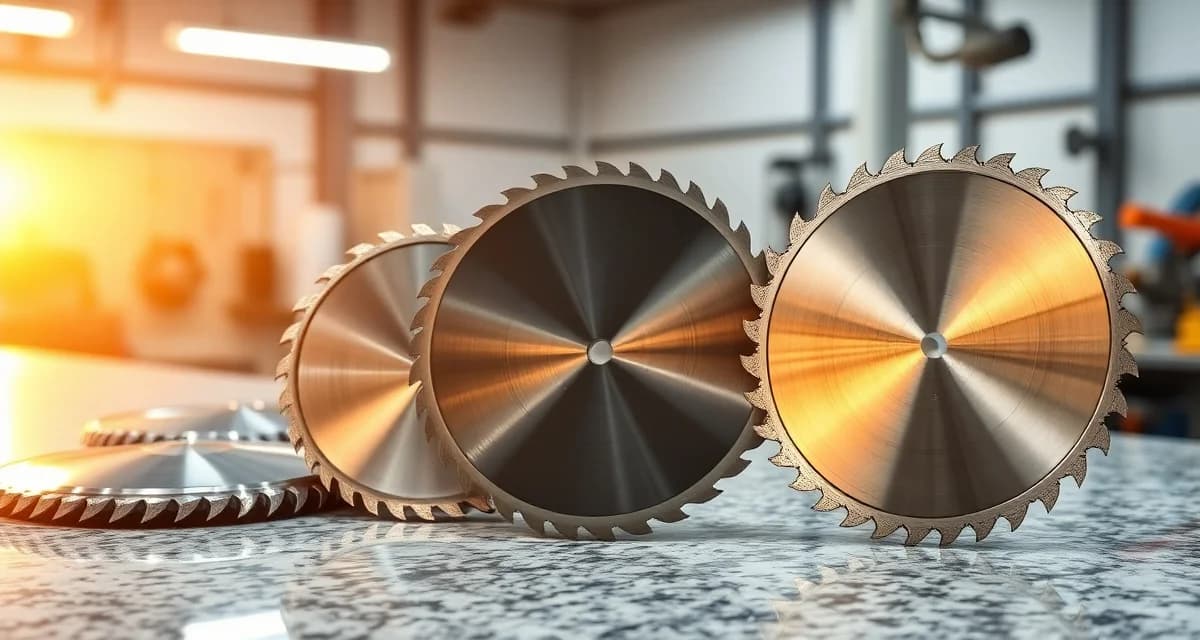 Close-up view of premium diamond blades for granite countertop fabrication with detailed diamond segment teeth visible