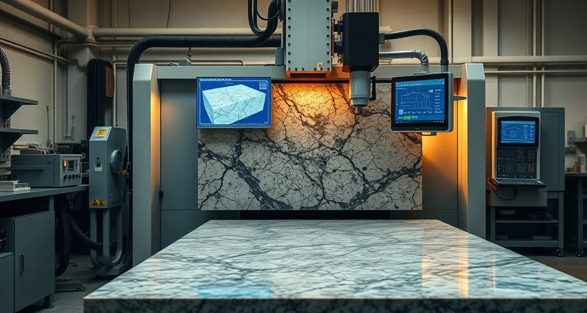 CNC machine processing stone countertop with DXF file verification software displayed on monitor in fabrication shop