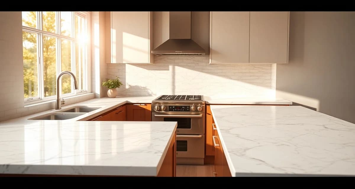 Comparison of premium kitchen countertop materials including quartz, granite, and marble with detailed surface textures and finishes.