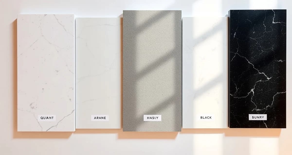 Comparison of top quartz countertop brands including Caesarstone, Cambria, and Silestone samples showing color variations and finishes
