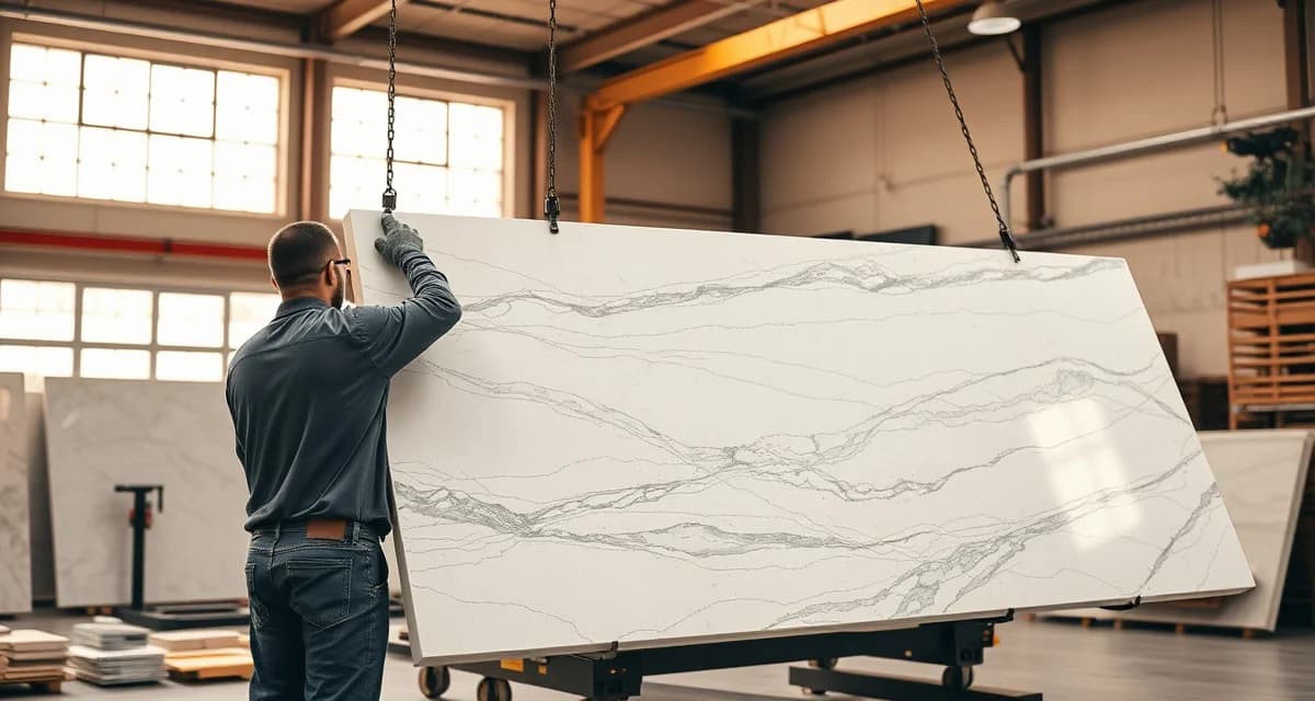 Professional worker using a vacuum lifter to safely handle a large stone slab in a fabrication shop.