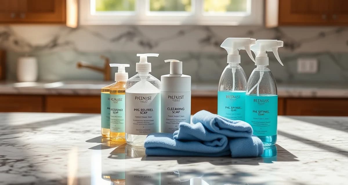 Professional cleaning products for stone countertops including pH-neutral soap and microfiber cloths arranged on granite surface