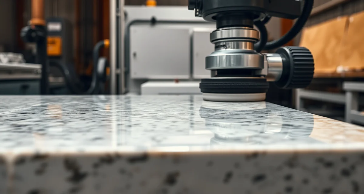 Professional stone polishing machine creating a mirror-shine finish on a granite countertop edge in a fabrication shop