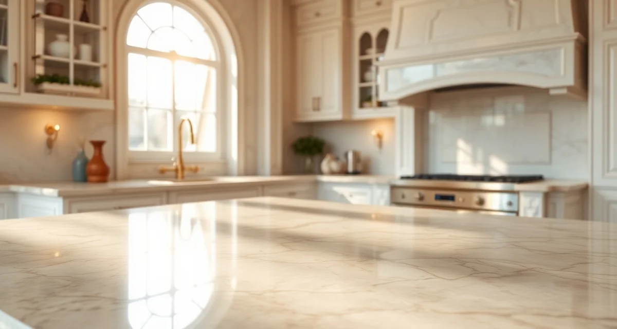 Beautiful polished stone countertop in modern kitchen showcasing quality fabrication and premium finish during off-season buying opportunity.