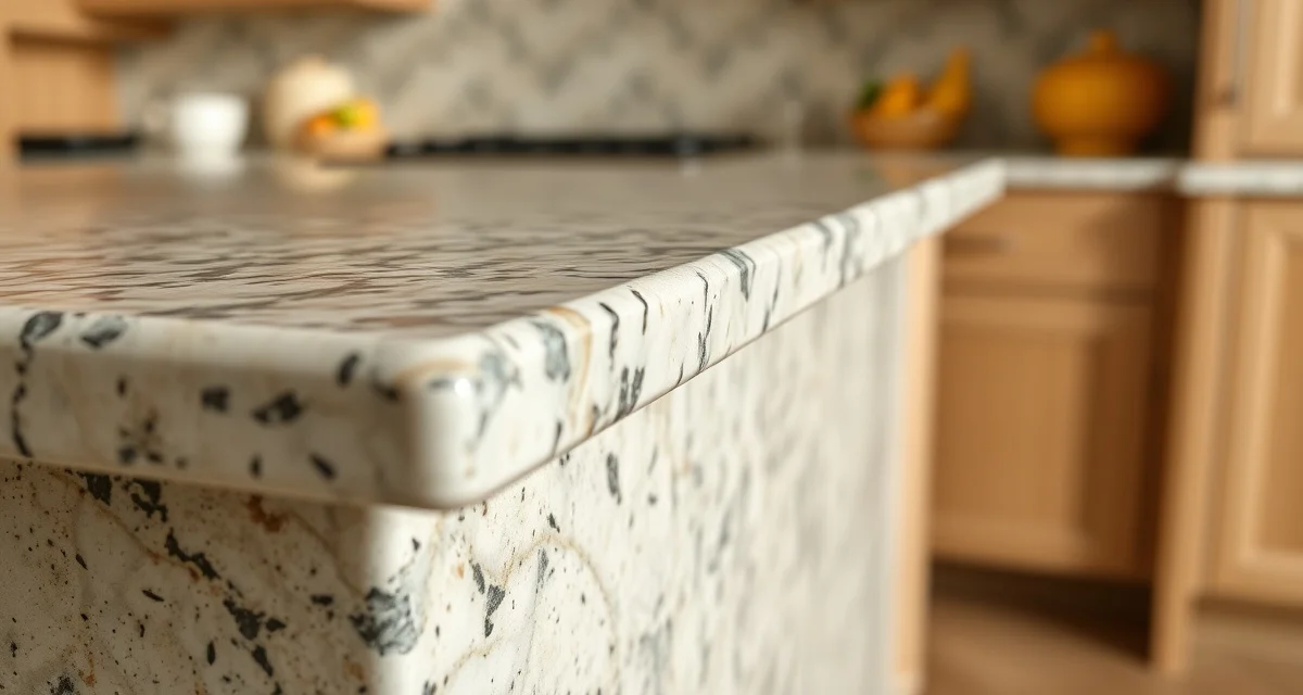 Close-up of a beveled edge on a granite countertop showing the angled 45-degree cut transitioning from top surface to vertical edge