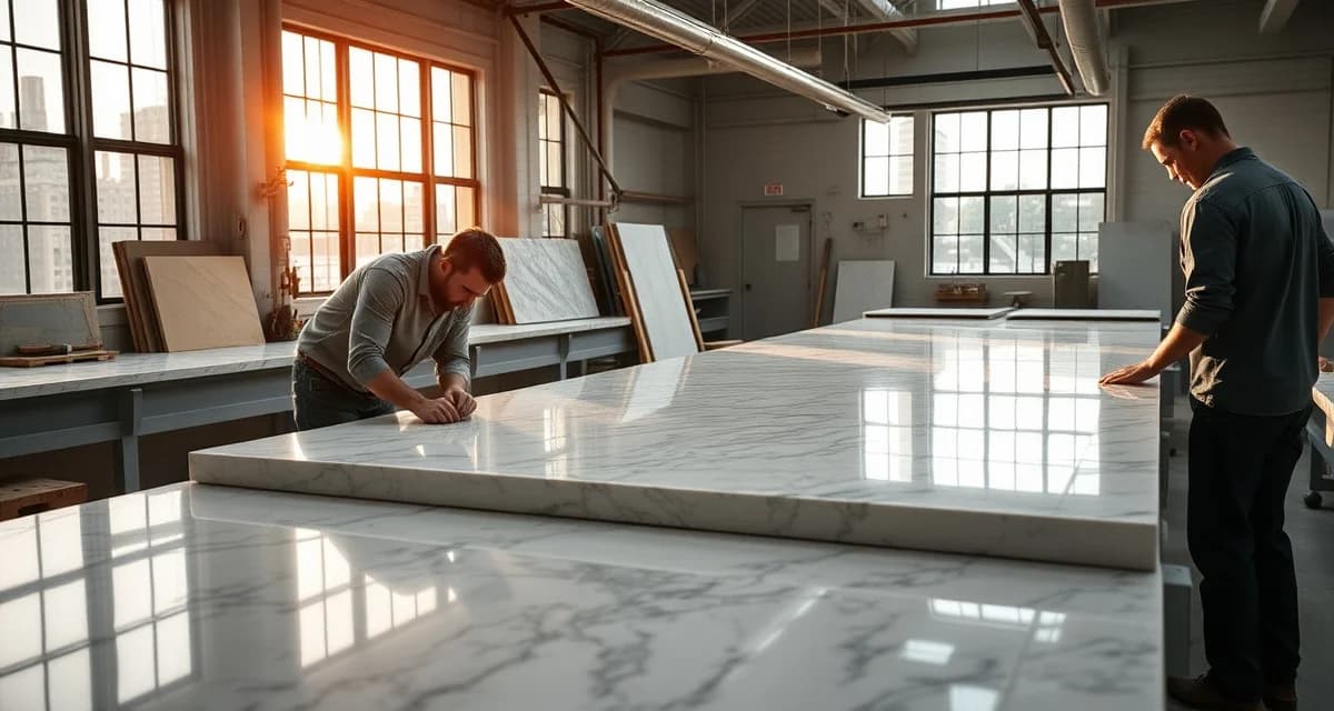 Boston countertop fabricators workspace showing stone slab selection and fabrication process for residential kitchens