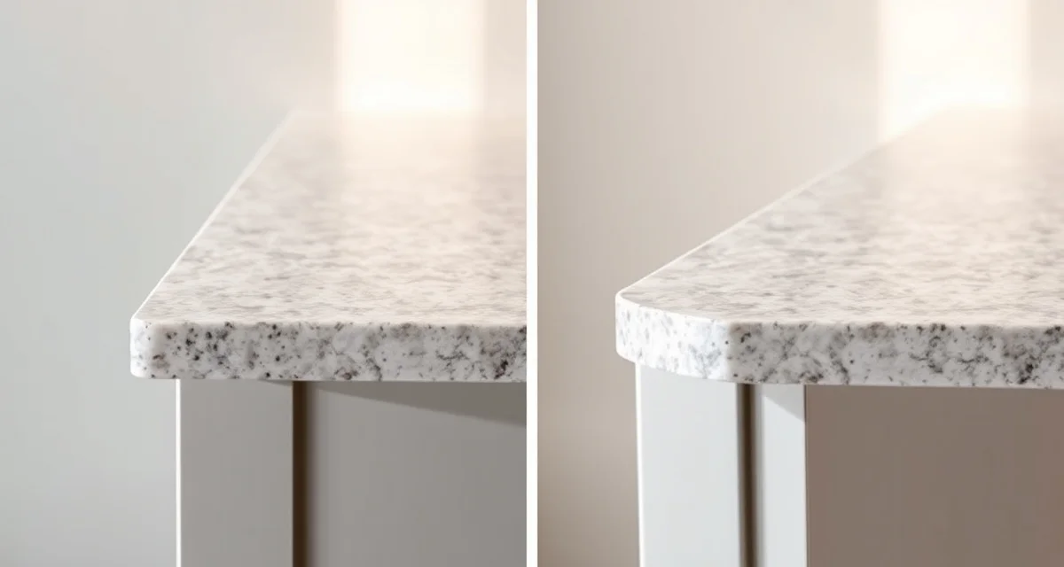 Side-by-side comparison of bullnose and eased edge profiles on stone countertops showing curved versus softened edges