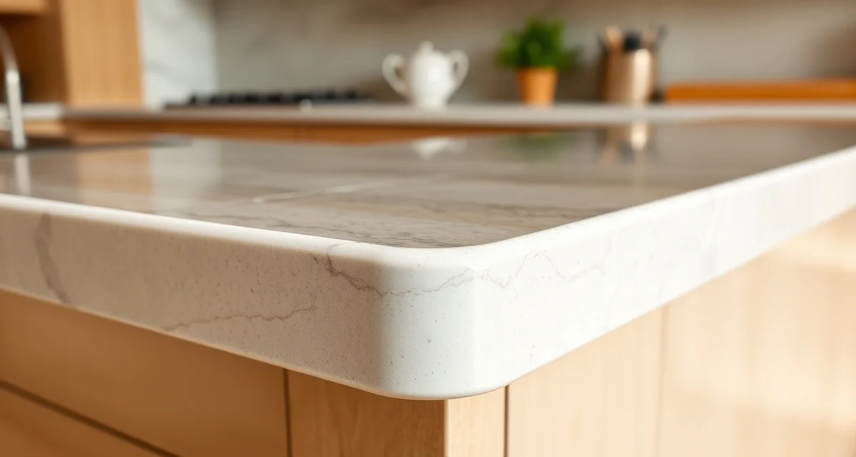 Close-up of a polished stone countertop with a smooth rounded bullnose edge profile curved in a half-circle shape