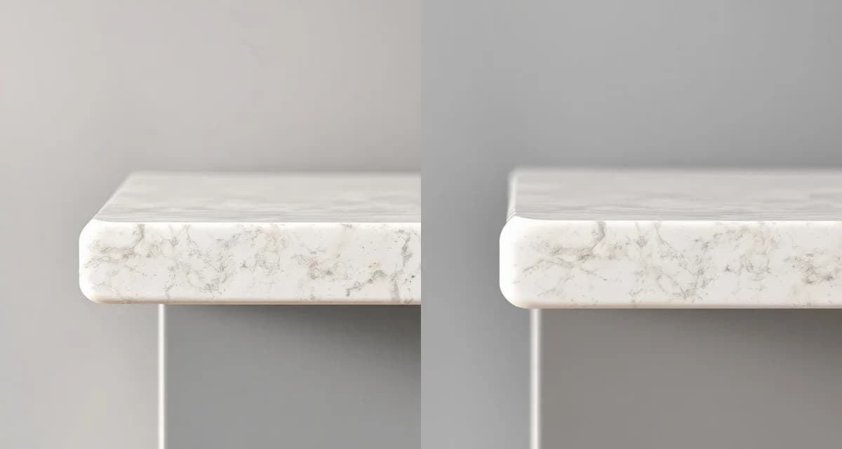 Side-by-side comparison of bullnose versus half-bullnose countertop edge profiles in polished stone