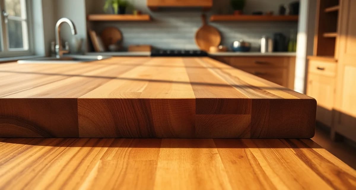 Durable butcher block countertop showing rich hardwood grain and natural patina in a professional kitchen setting