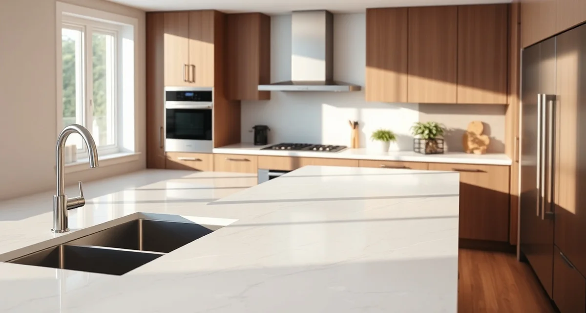 Installed Caesarstone quartz countertop in modern kitchen showing premium engineered stone surface quality and finish