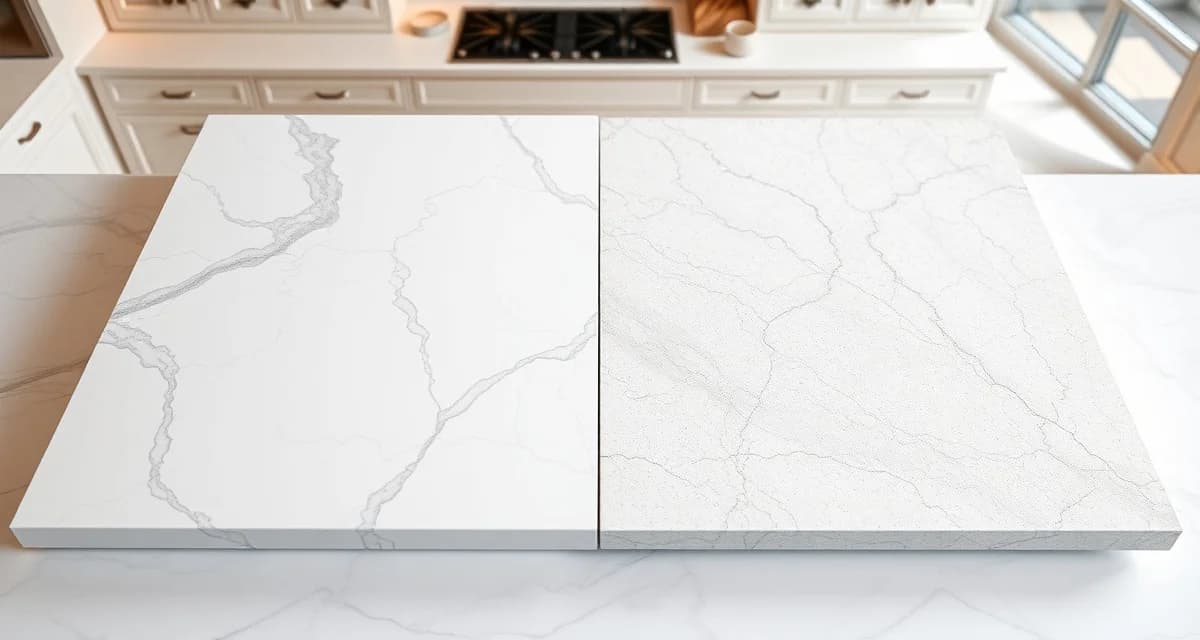 Side-by-side comparison of Cambria and Caesarstone premium quartz countertop samples showing pattern and finish differences