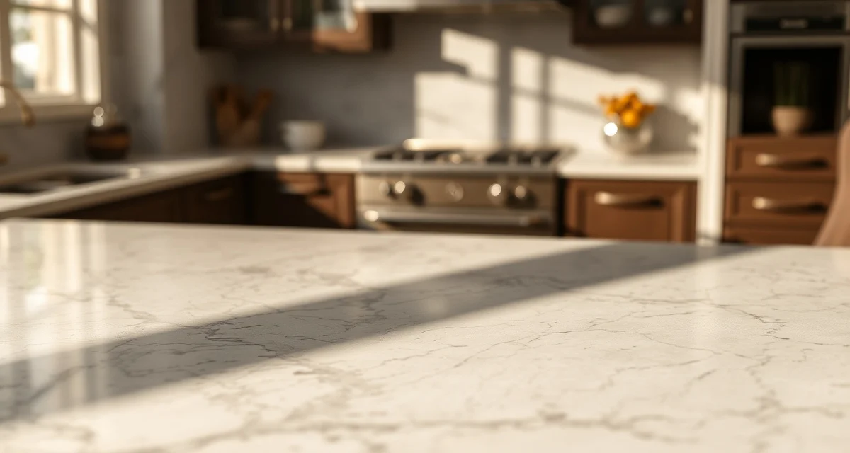 Close-up of Cambria quartz countertop surface displaying elegant veining patterns and premium polished finish in modern kitchen setting