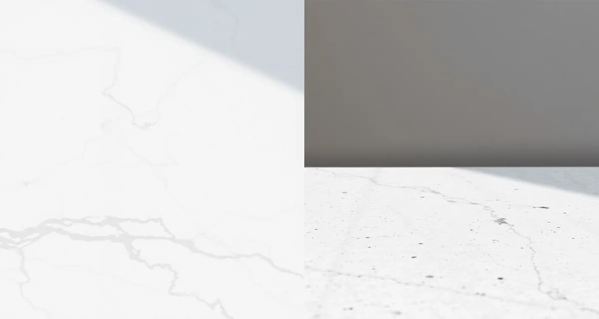 Side-by-side comparison of Cambria and Silestone quartz countertop samples showing premium engineered stone patterns and finishes.