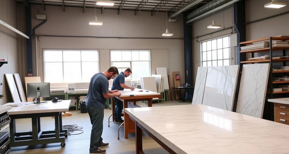 SlabWise countertop software for Cleveland fabricators Modern countertop fabrication shop in Cleveland, OH with stone slab cutting equipment and digital job management software displayed on workstation.