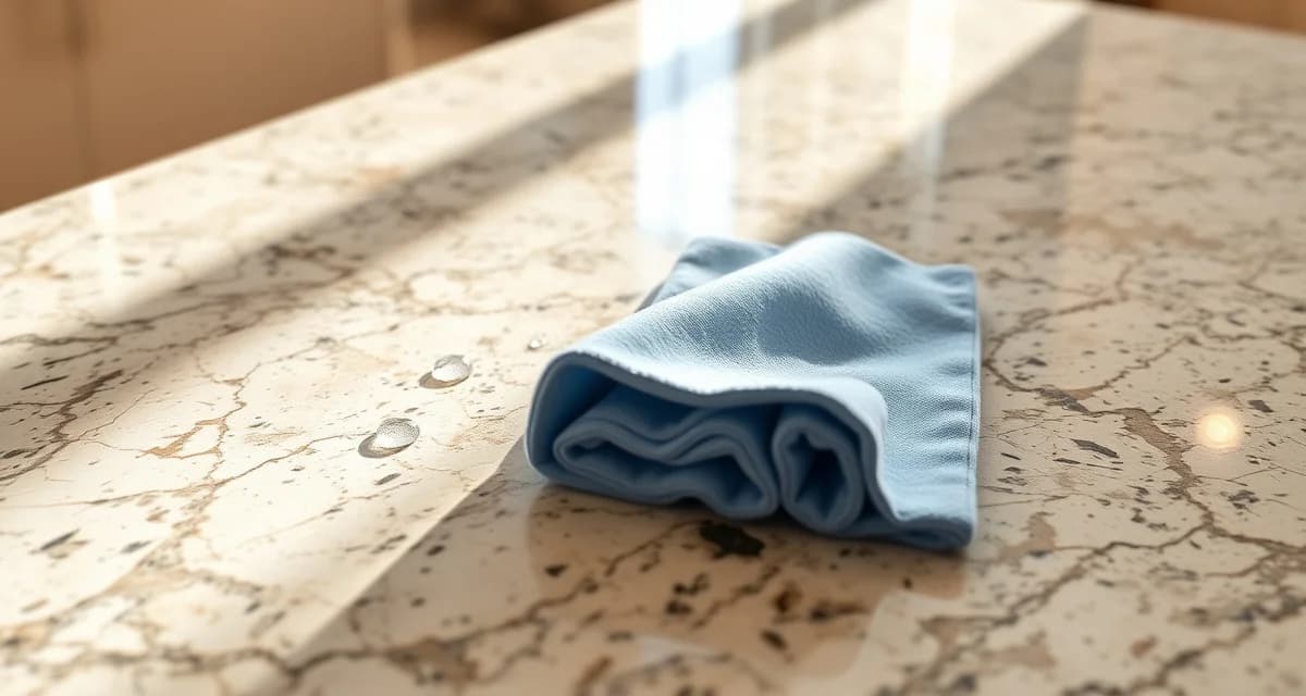 Close-up of granite countertop with cleaning cloth showing proper care methods for stone surfaces without harsh chemicals.