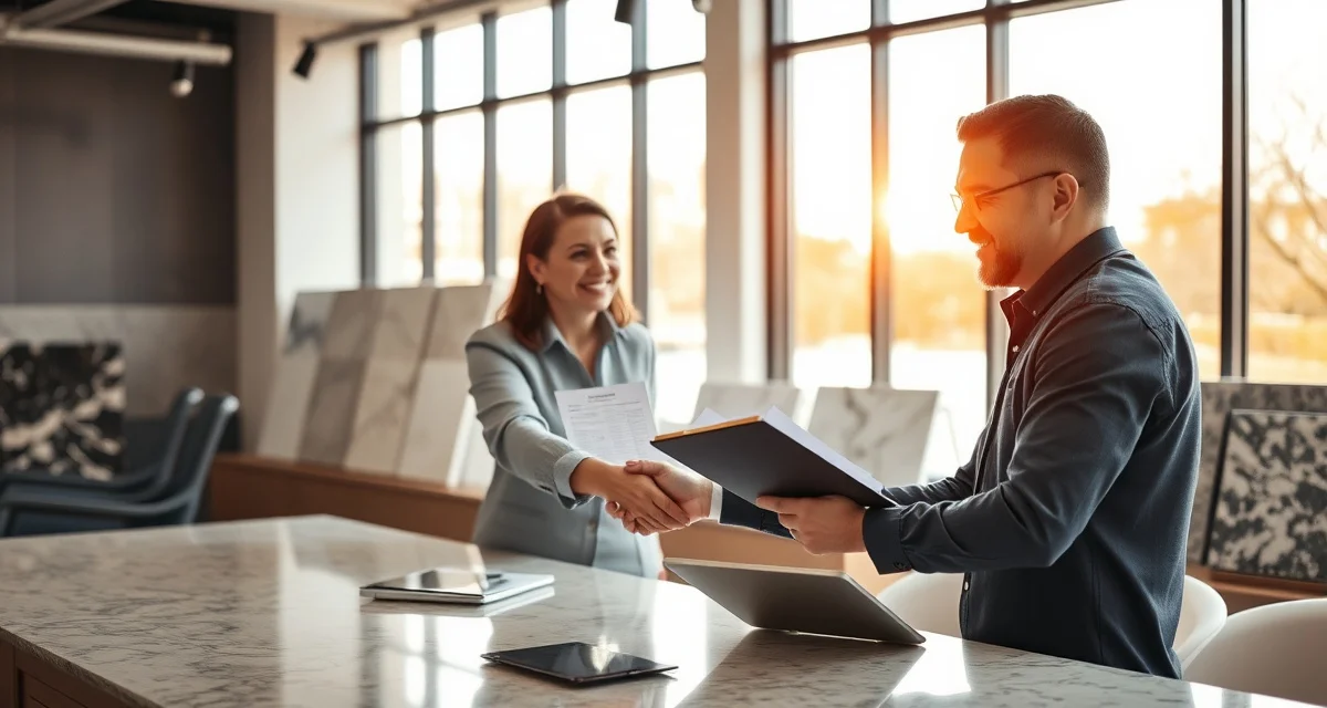 Countertop fabricator closing a sales quote with a satisfied client in a professional stone showroom setting.