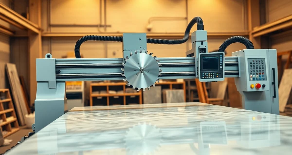 CNC bridge saw with precision blade cutting stone countertop slab in professional fabrication shop