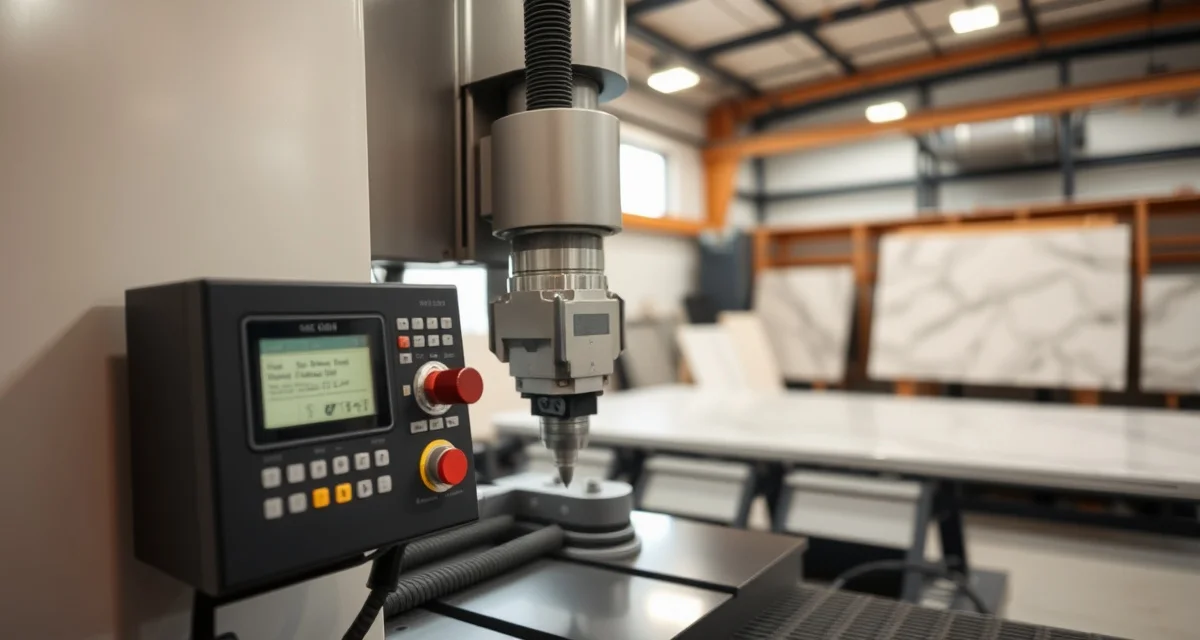 CNC stone cutting machine showing maintenance points and control interface for daily upkeep in countertop fabrication shops.