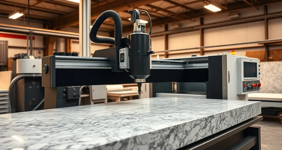 CNC router machine cutting stone countertop slab in fabrication shop with automatic tool changer visible