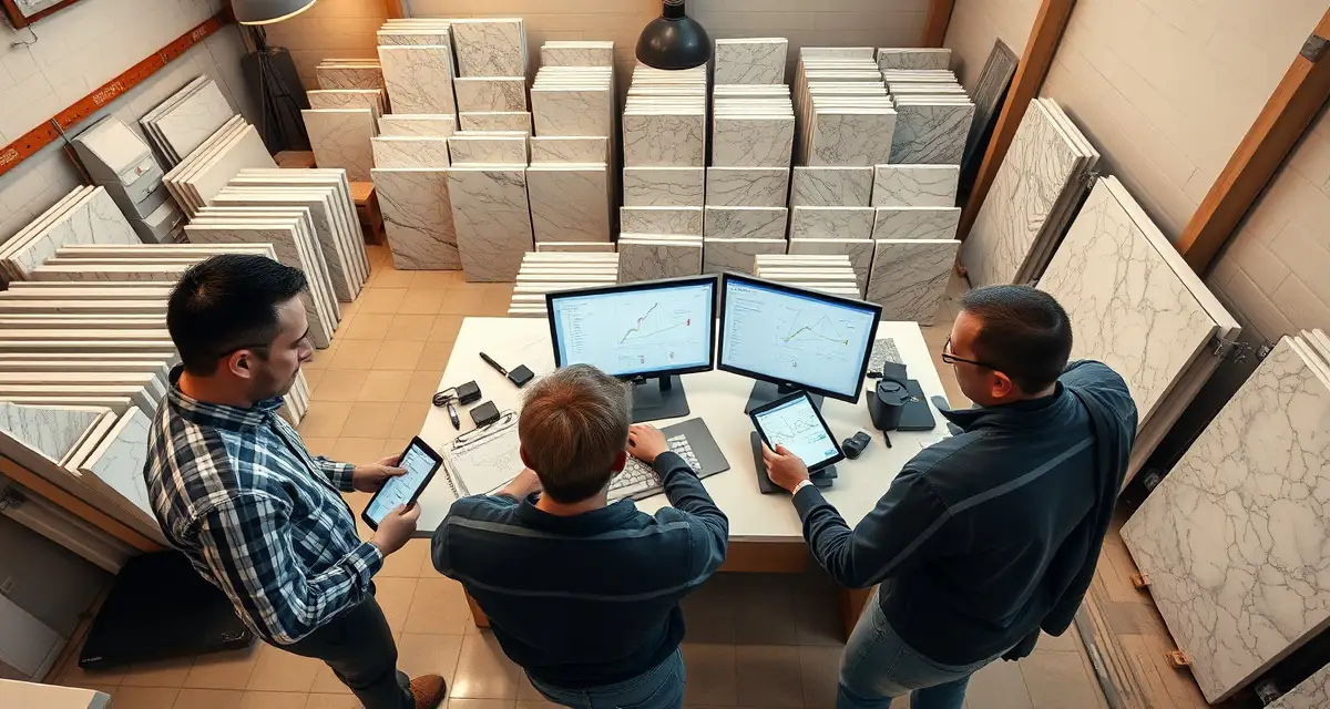 Commercial countertop fabrication shop team using SlabWise Enterprise software to manage large-scale hotel and restaurant projects efficiently