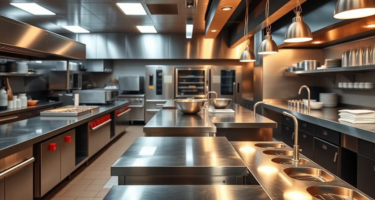 Professional stainless steel commercial kitchen countertops in a busy restaurant prep area meeting health code standards for food service.