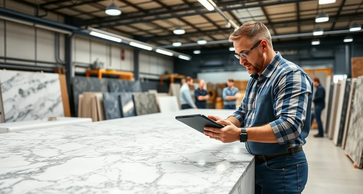 Commercial countertop fabrication shop manager reviewing large stone slabs for multi-unit project with precision tools and digital management system