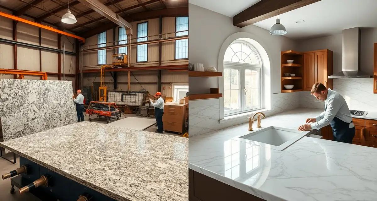 Commercial stone countertop fabrication facility compared to residential kitchen installation showing key differences in scale and materials.