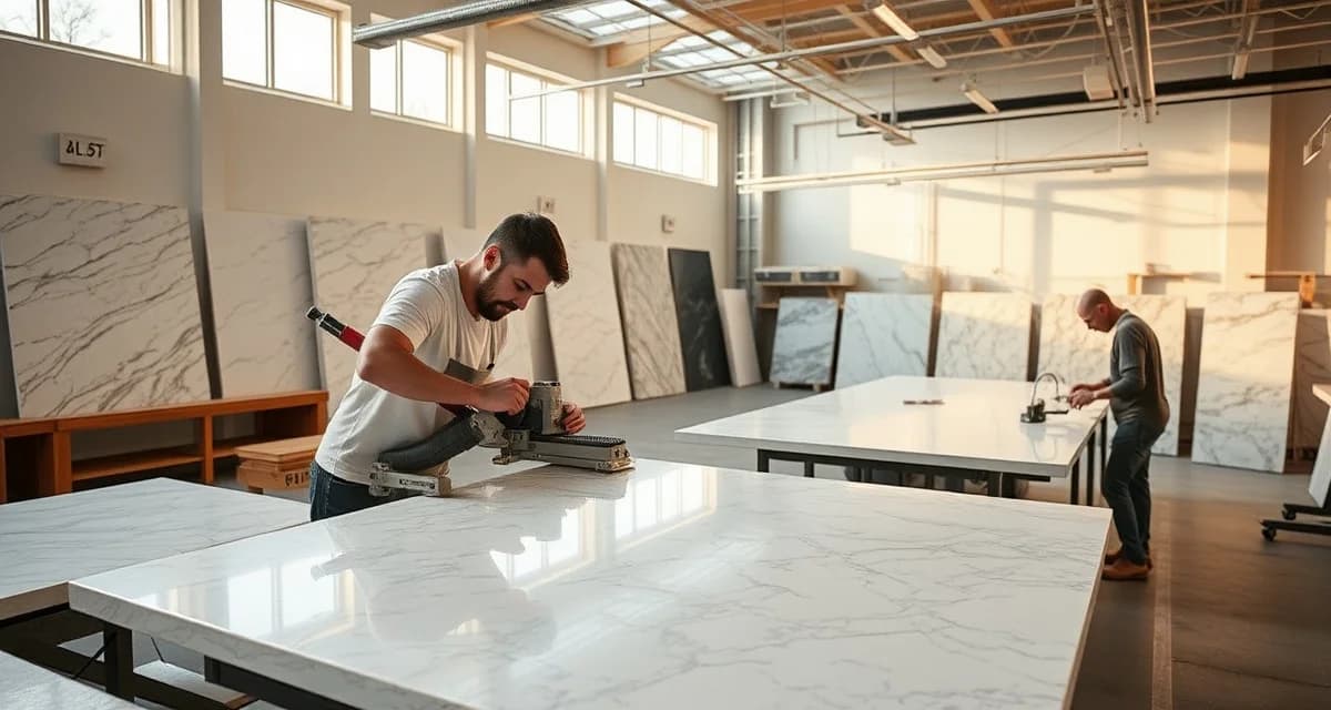 Connecticut countertop fabrication shop with craftsmen working on premium granite and quartz slabs in modern workshop environment