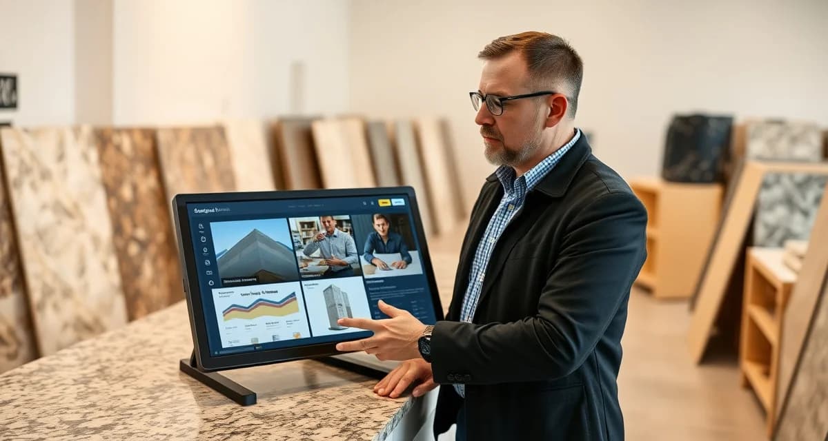 Stone countertop fabrication shop manager coordinating contractor relationships and tracking project status on digital management system