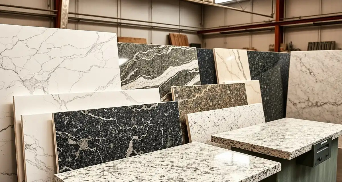 Cosentino countertop surfaces including Silestone quartz, Dekton, and Sensa granite samples displayed together