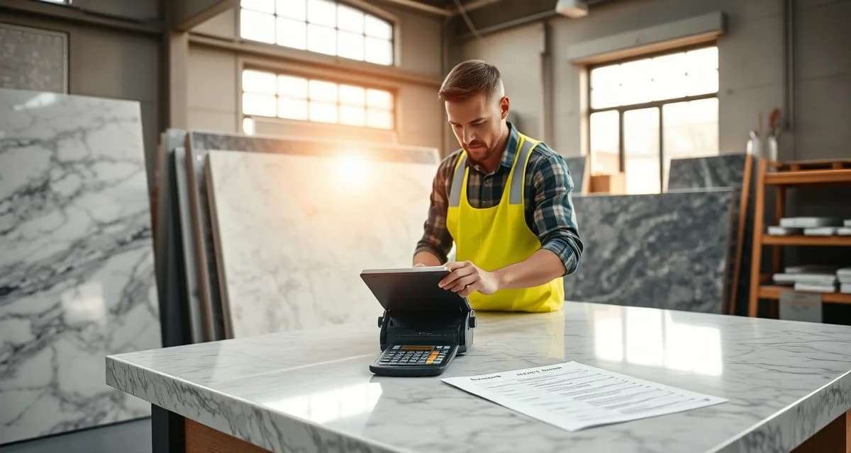 Countertop fabricator calculating cost plus pricing markup on materials and labor for stone kitchen countertop project