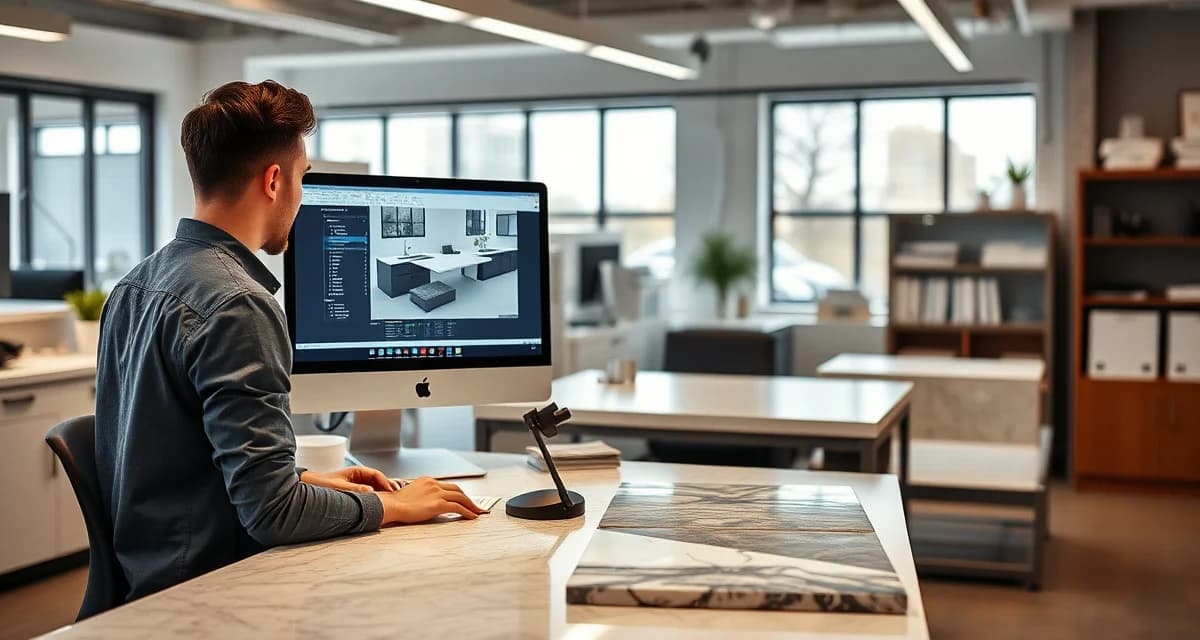 CounterGo countertop design and quoting software interface displayed on computer monitor in modern fabrication shop office