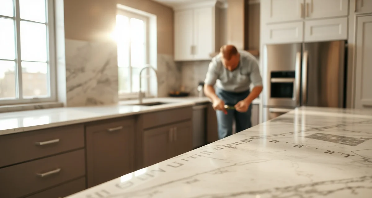 Professional countertop fabricator measuring and templating granite and quartz surfaces during kitchen installation process
