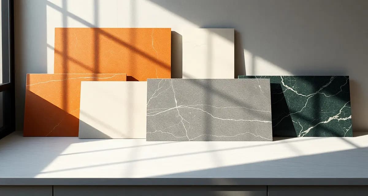 Collection of polished stone countertop samples displaying 2026 color trends including warm neutrals, subtle veining patterns, and modern finish options for kitchen design.
