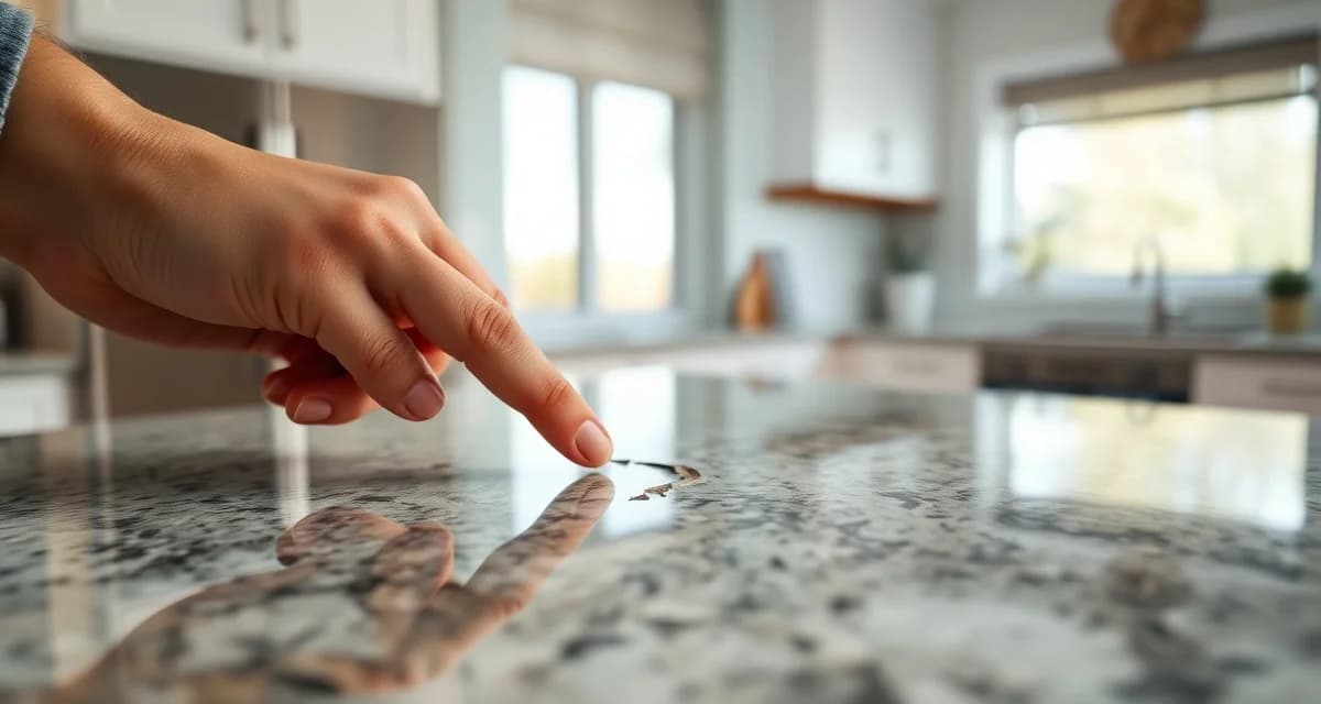 Homeowner assessing countertop damage for insurance claim Close-up of countertop damage showing a crack in granite with homeowner examining the area for insurance claim documentation