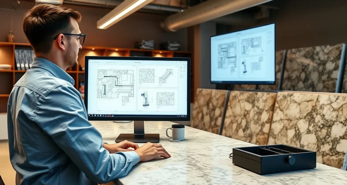 Countertop drawing software interface displaying precise fabrication layout with edge profiles and cutout placements for stone countertops